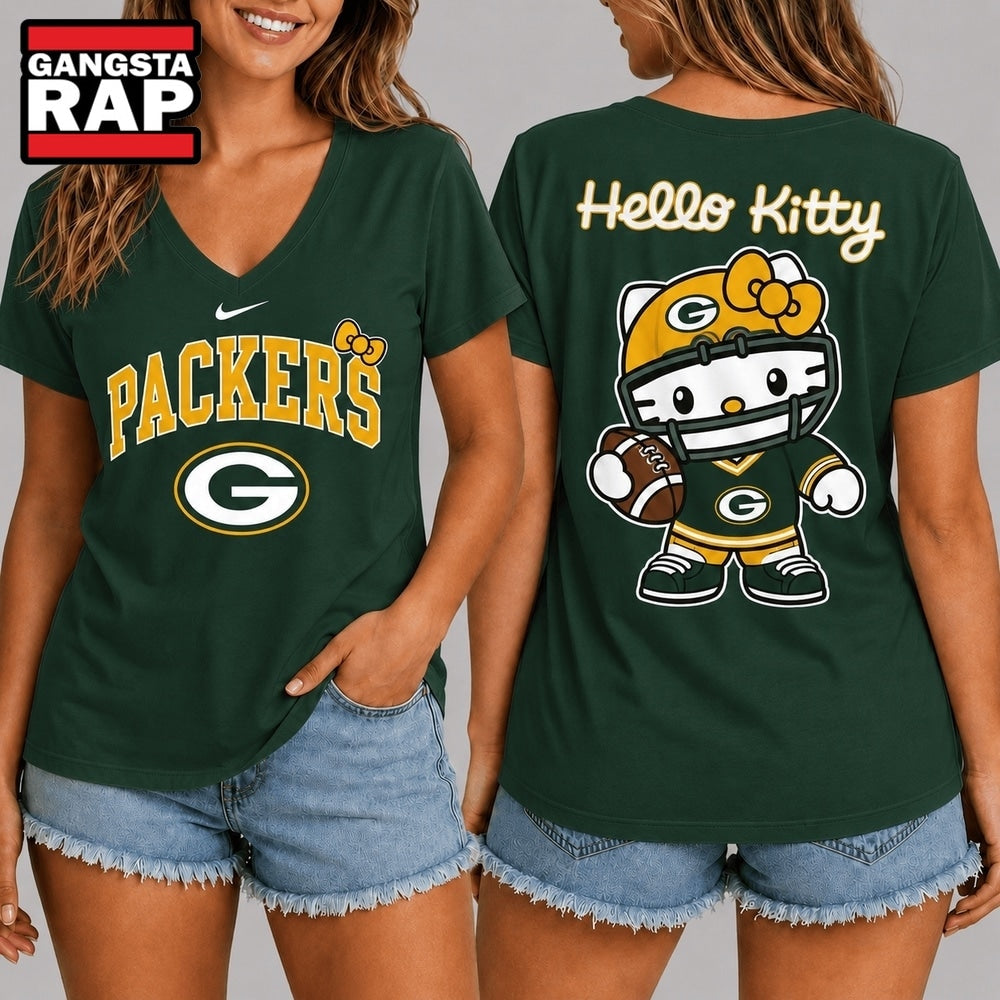 Green Bay Packers NFL Hello Kitty Football V Neck T Shirt