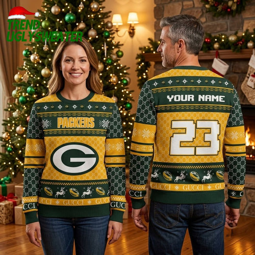 Green Bay Packers Personalized Custom Name And Number G Logo Ugly Christmas Sweater