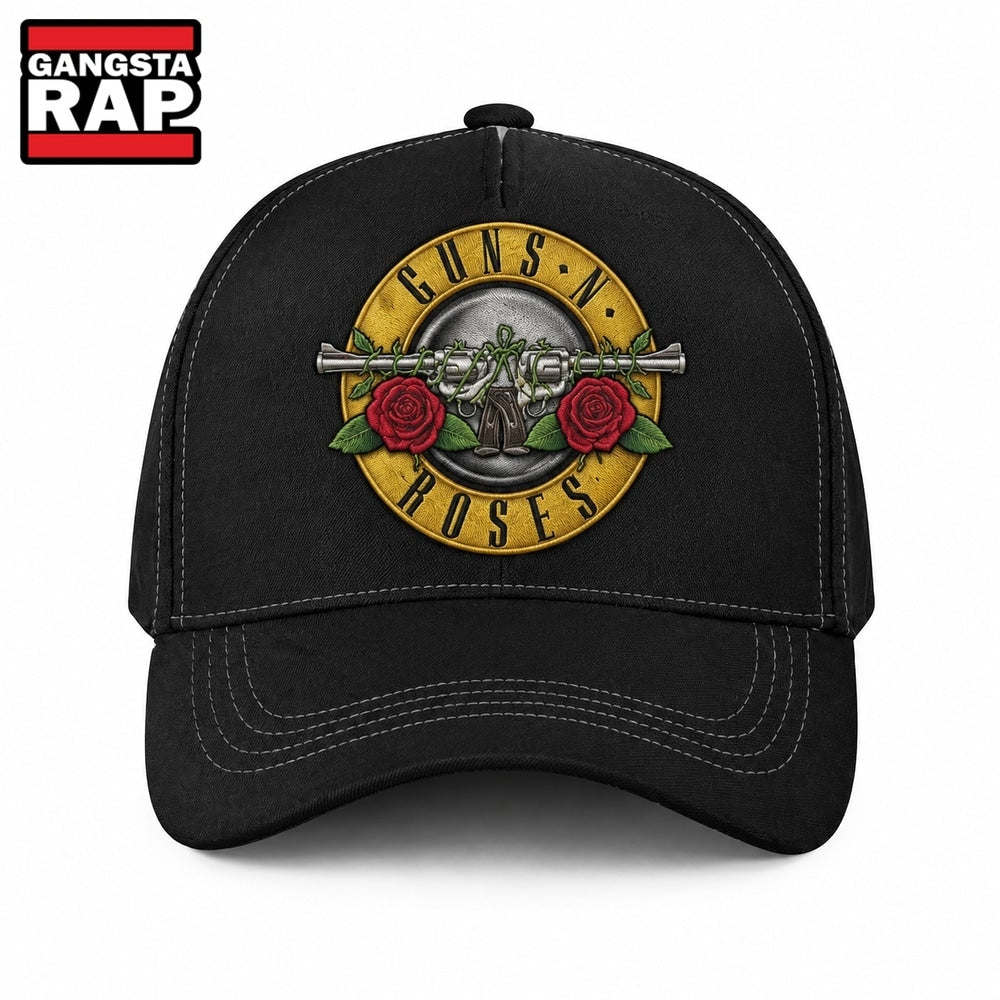 Guns N Roses Vintage Pistol & Rose Logo Black Classic Cap, Trendy Music Baseball Cap