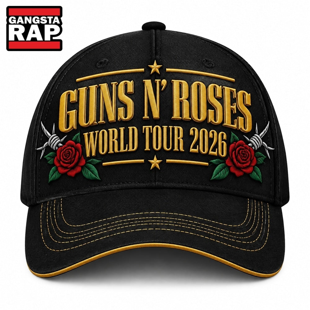 Guns N Roses World Tour 2026 Gold Text Rose Graphics Classic Cap, Trendy Music Baseball Cap