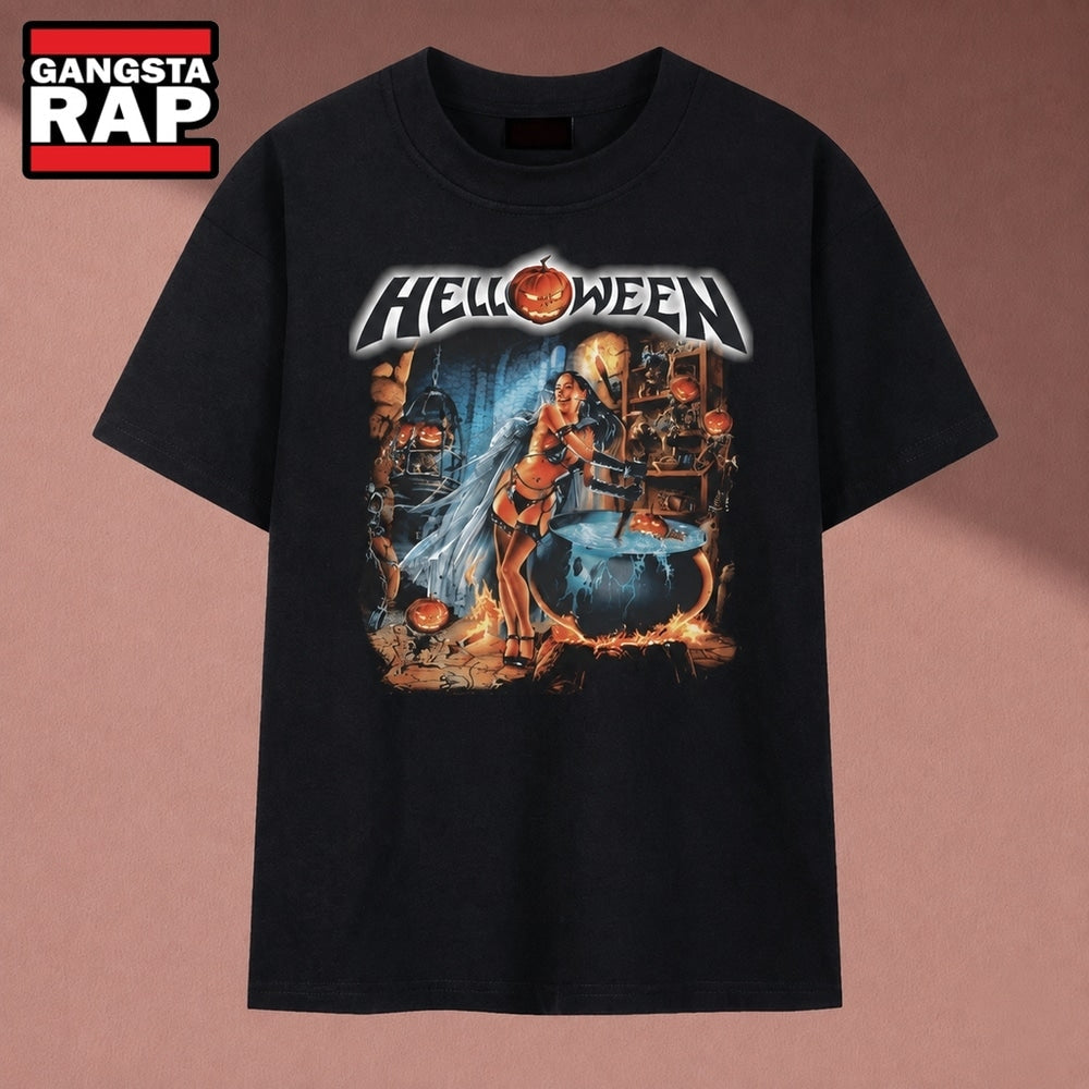 Helloween Cauldron Witch Pumpkin Power Metal Graphic T Shirt, Music 2D Shirt