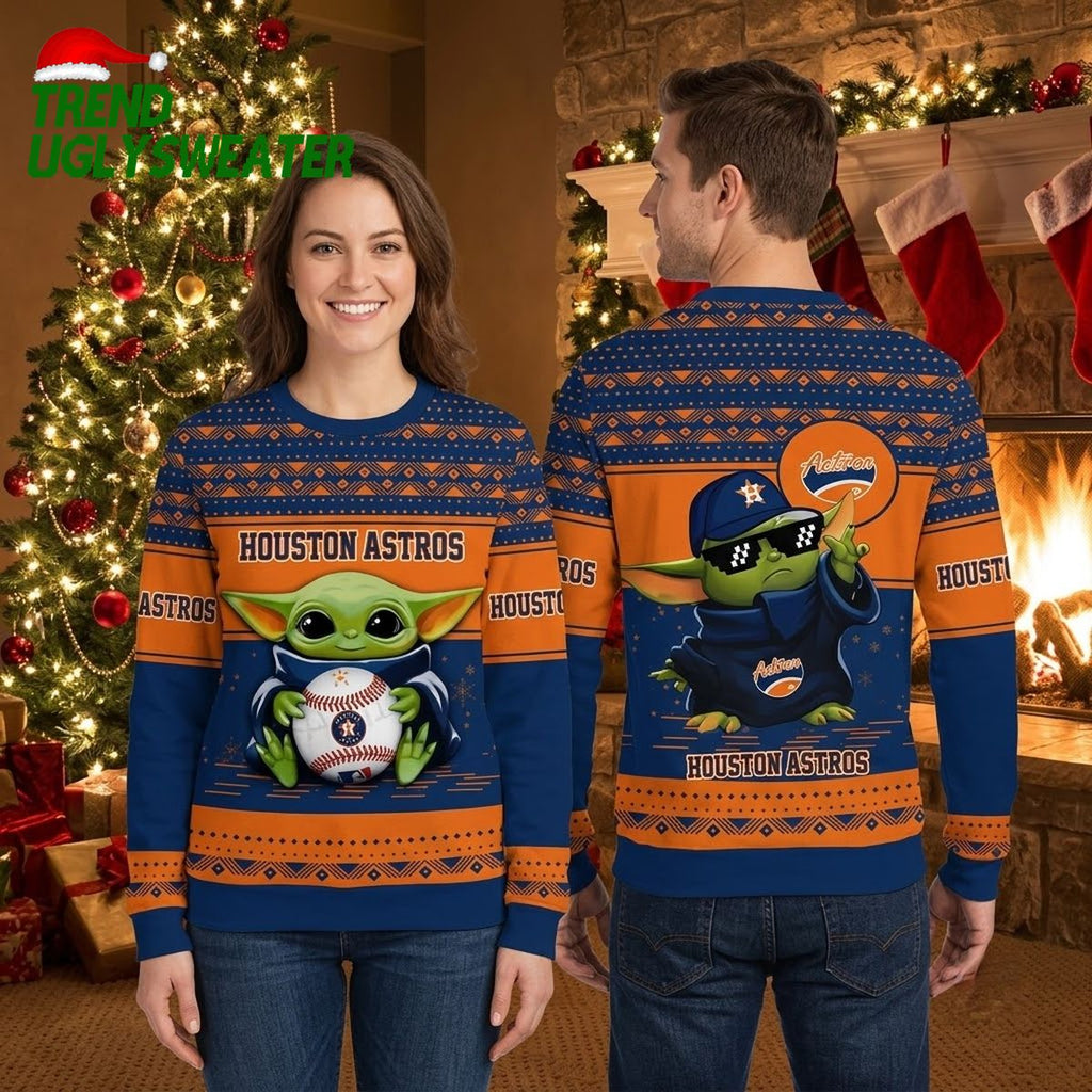 Houston Astros Baby Yoda Holding Baseball Ugly Christmas Sweater