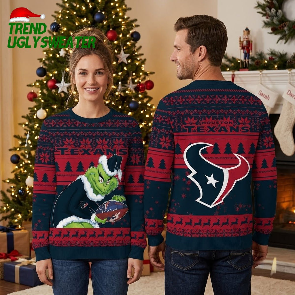 Houston Texans Grinch Holding Football Ugly Christmas Sweater
