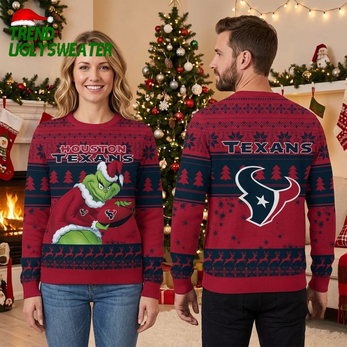 Houston Texans Grinch Santa Football Ugly Christmas Sweater