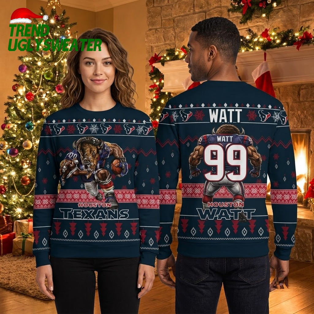 Houston Texans Rushing Bull Football Player Ugly Christmas Sweater