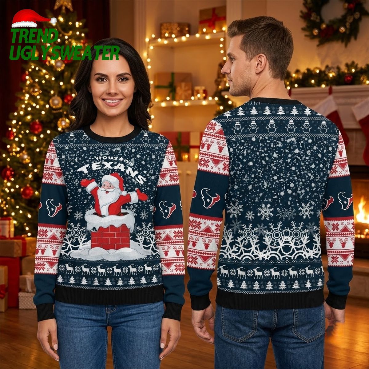 Houston Texans Santa Chimney Snowflake Ugly Christmas Sweater