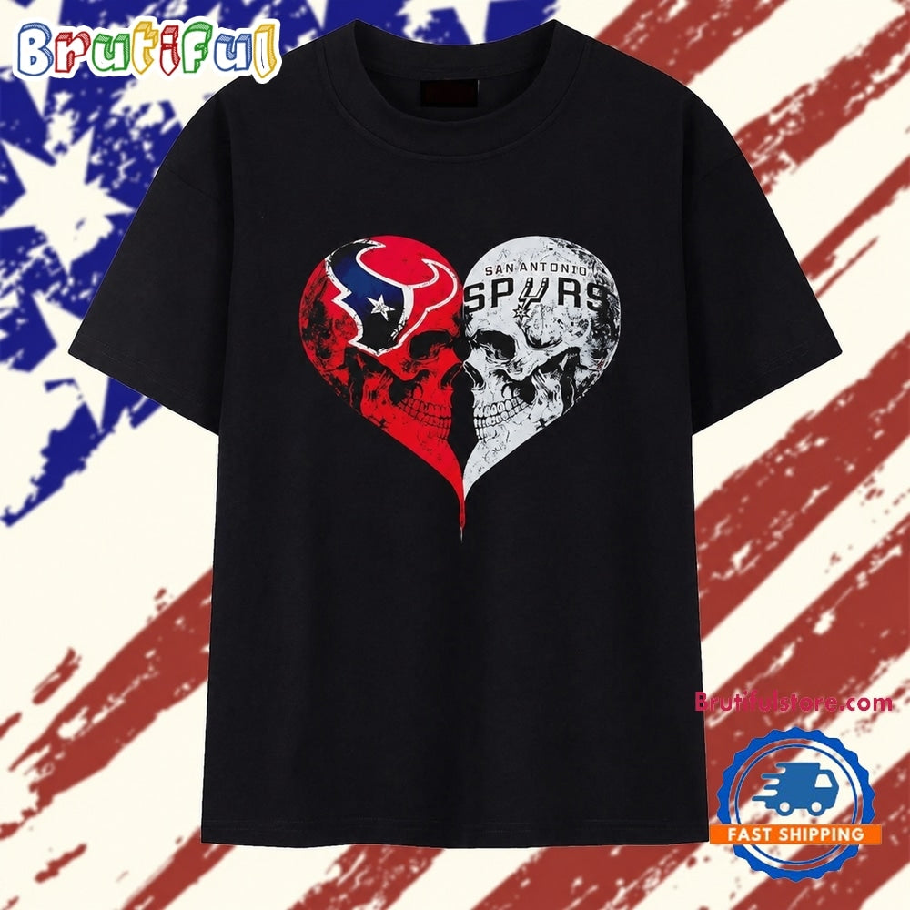 Houston Texans x San Antonio Spurs skulls face to face heart shape distressed T Shirt