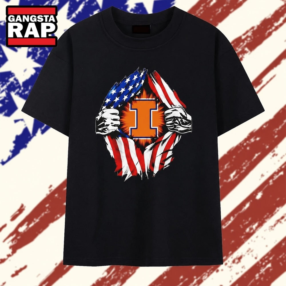 Illinois Fighting Illini American flag chest rip T Shirt