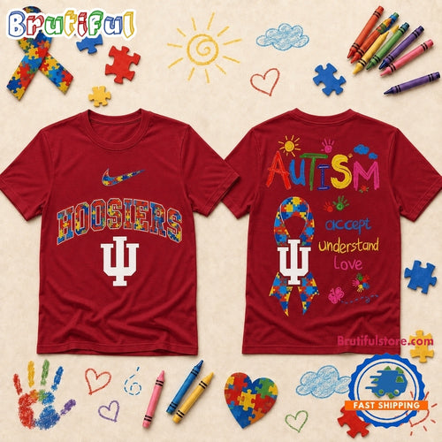 Indiana Hoosiers NCAA Autism Awareness Puzzle Ribbon T Shirt