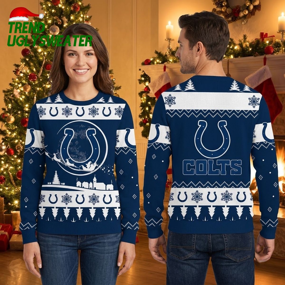 Indianapolis Colts Horseshoe Snowy Village Ugly Christmas Sweater