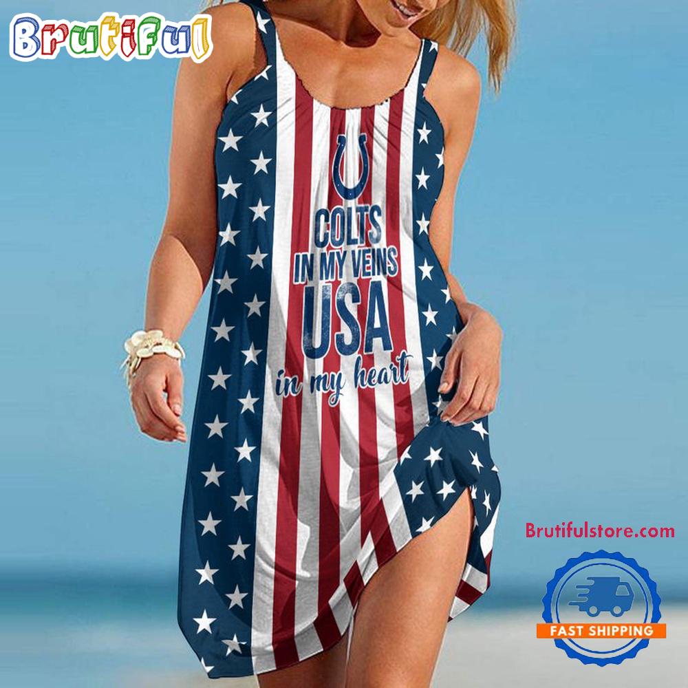 Indianapolis Colts In My Veins USA In My Heart Independence Day Women’s Summer Beach Sling Dress