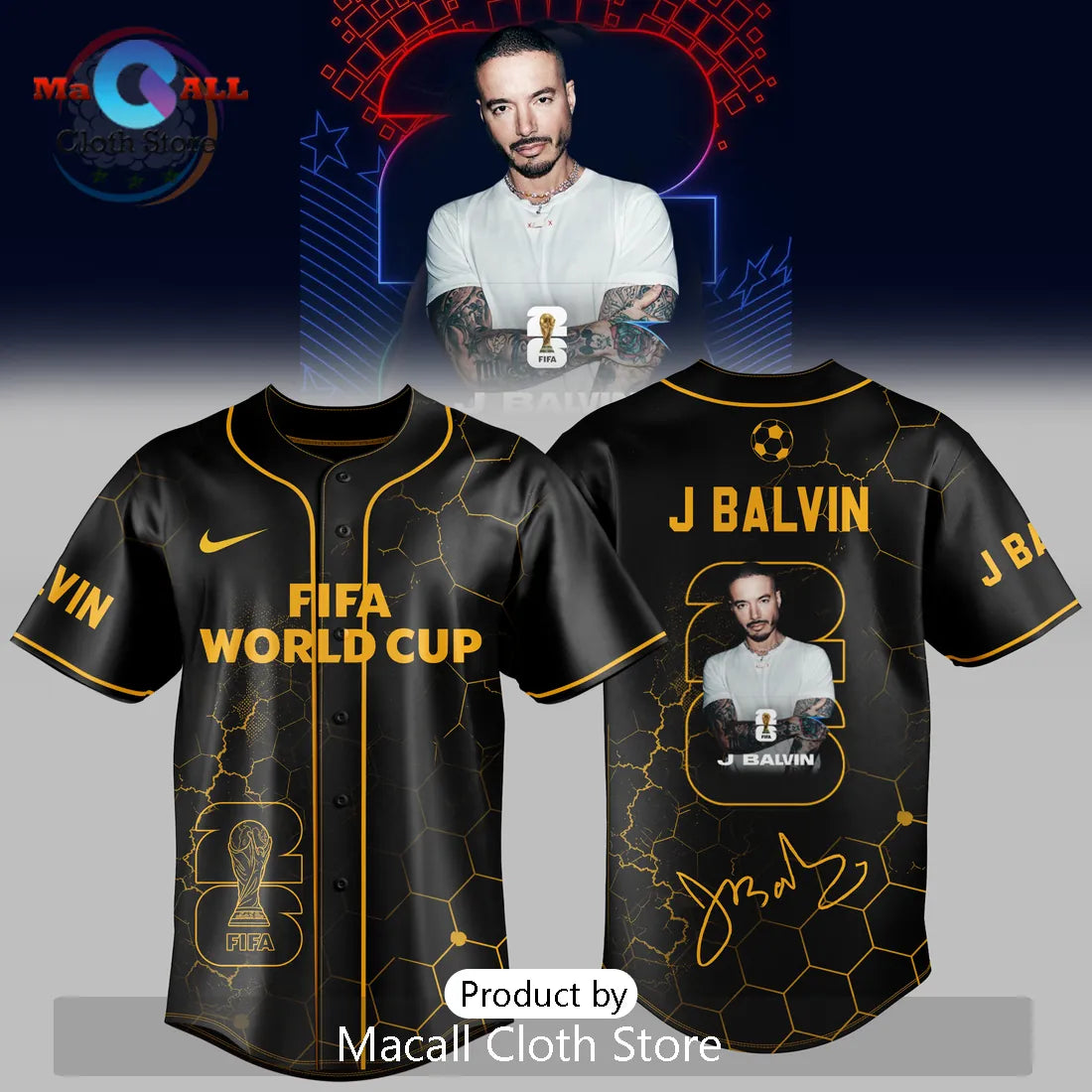 J Balvin x FIFA World Cup 2026 Black Gold Baseball Jersey