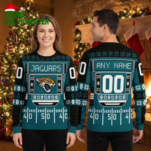 Jacksonville Jaguars Football Field Custom Name And Number Ugly Christmas Sweater