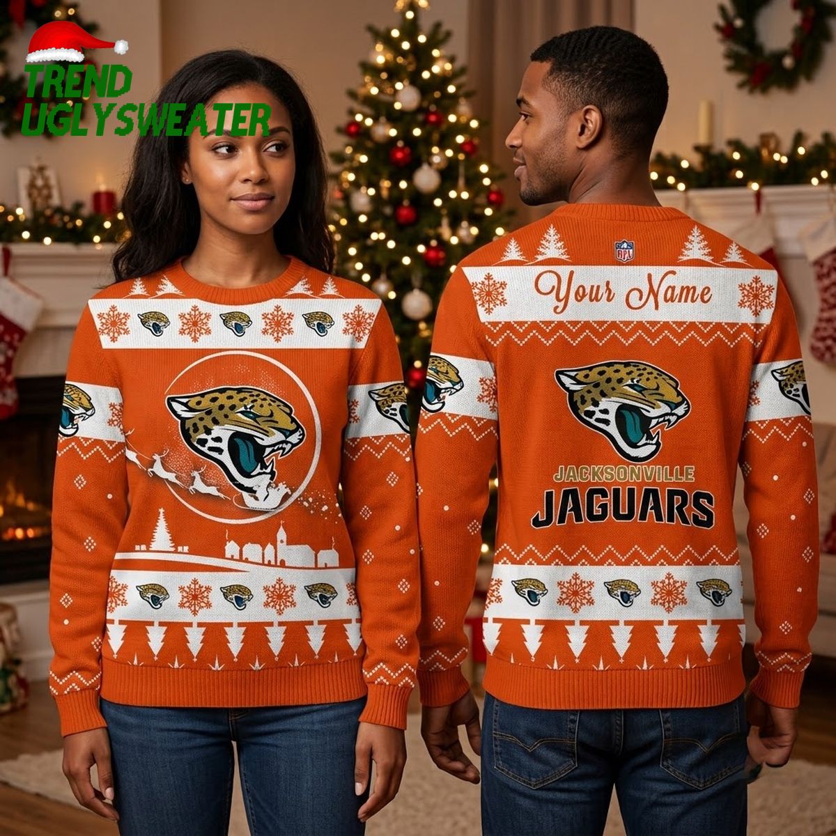 Jacksonville Jaguars Jaguar Mascot Custom Name Ugly Christmas Sweater