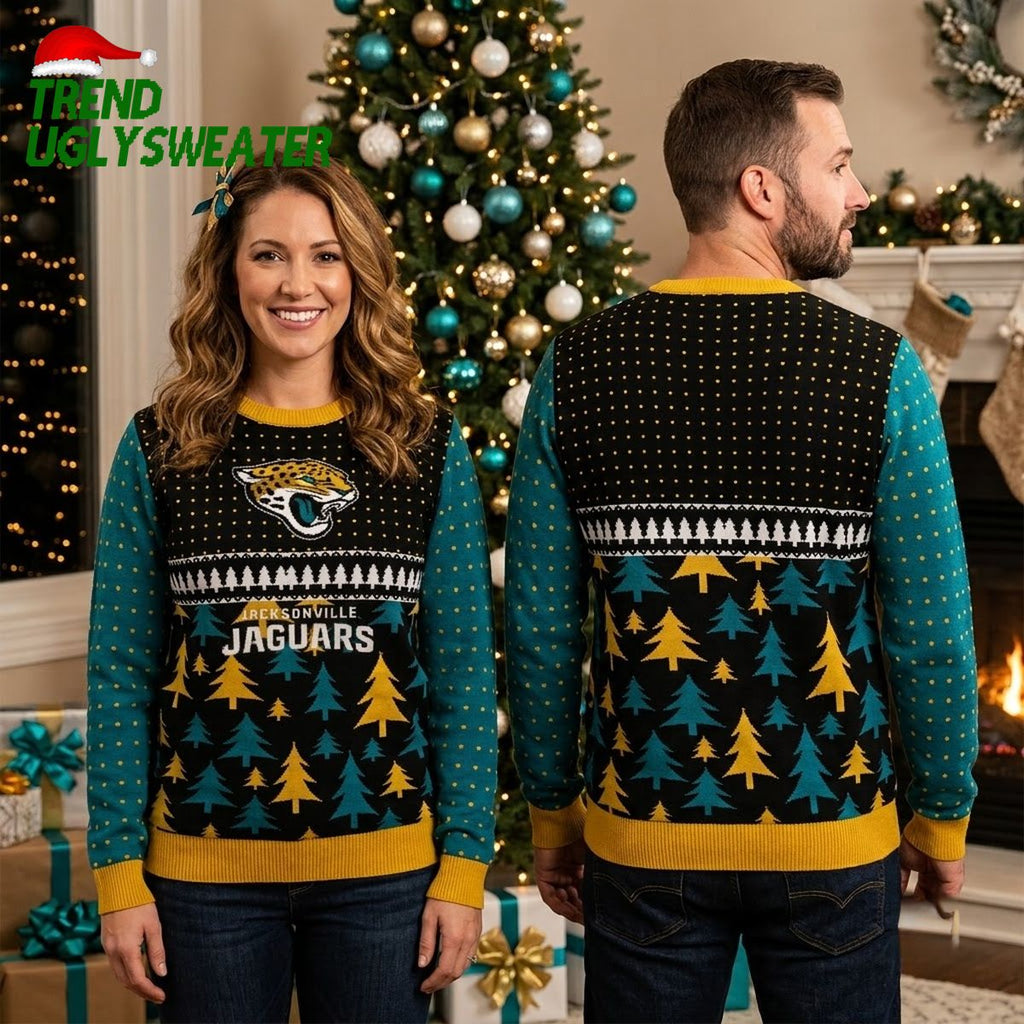 Jacksonville Jaguars Leopard Logo Christmas Tree Pattern Ugly Christmas Sweater