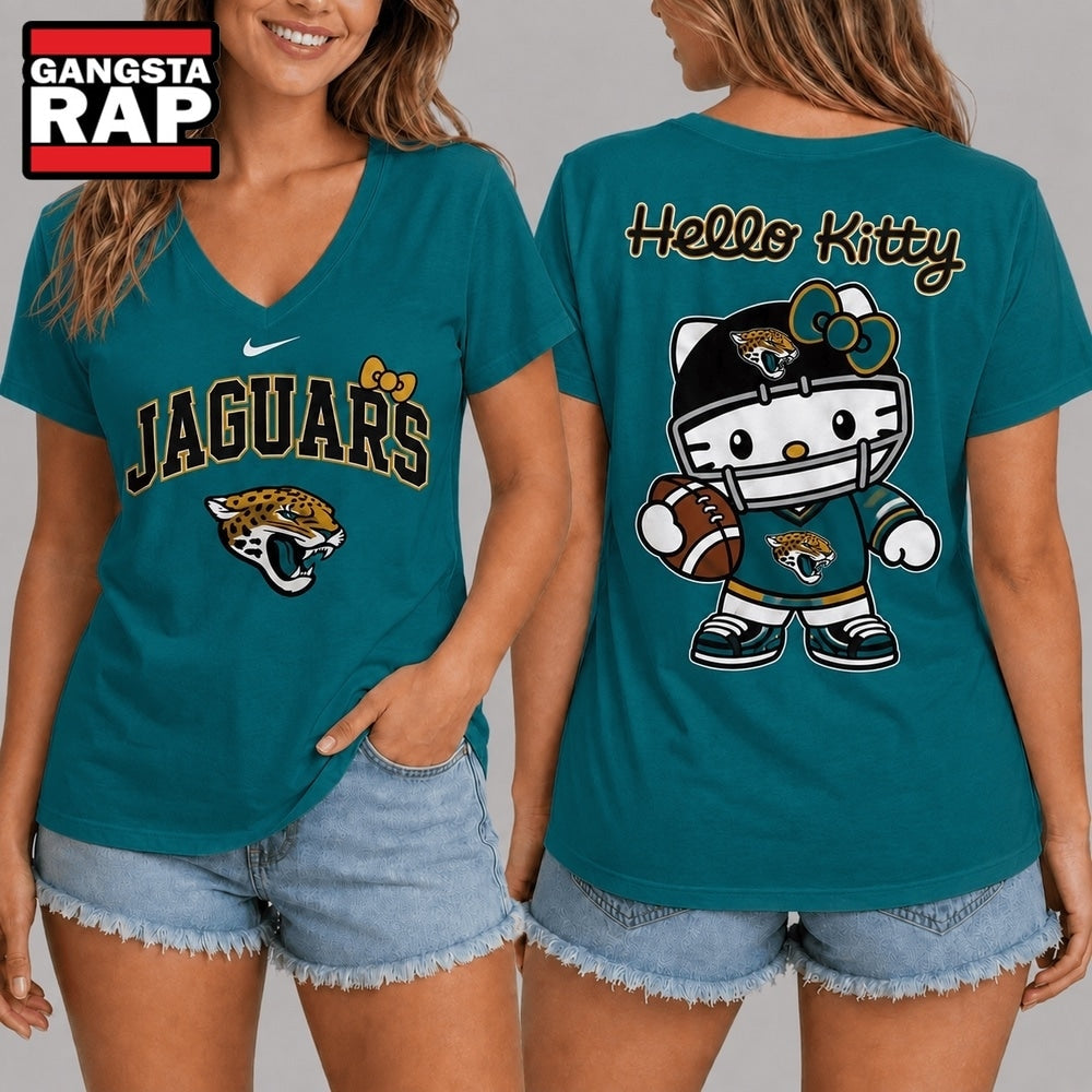 Jacksonville Jaguars NFL Hello Kitty Football V Neck T Shirt