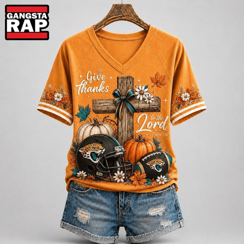 Jacksonville Jaguars NFL Thanksgiving Faith And Football V Neck T Shirt