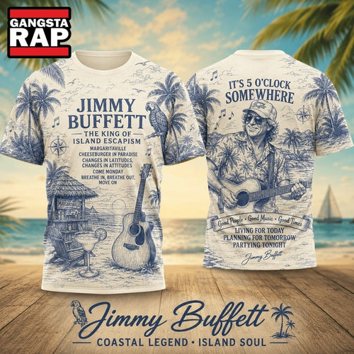 Jimmy Buffett Island Escape Palm Trees Guitar 2026 Vintage 3D Shirt