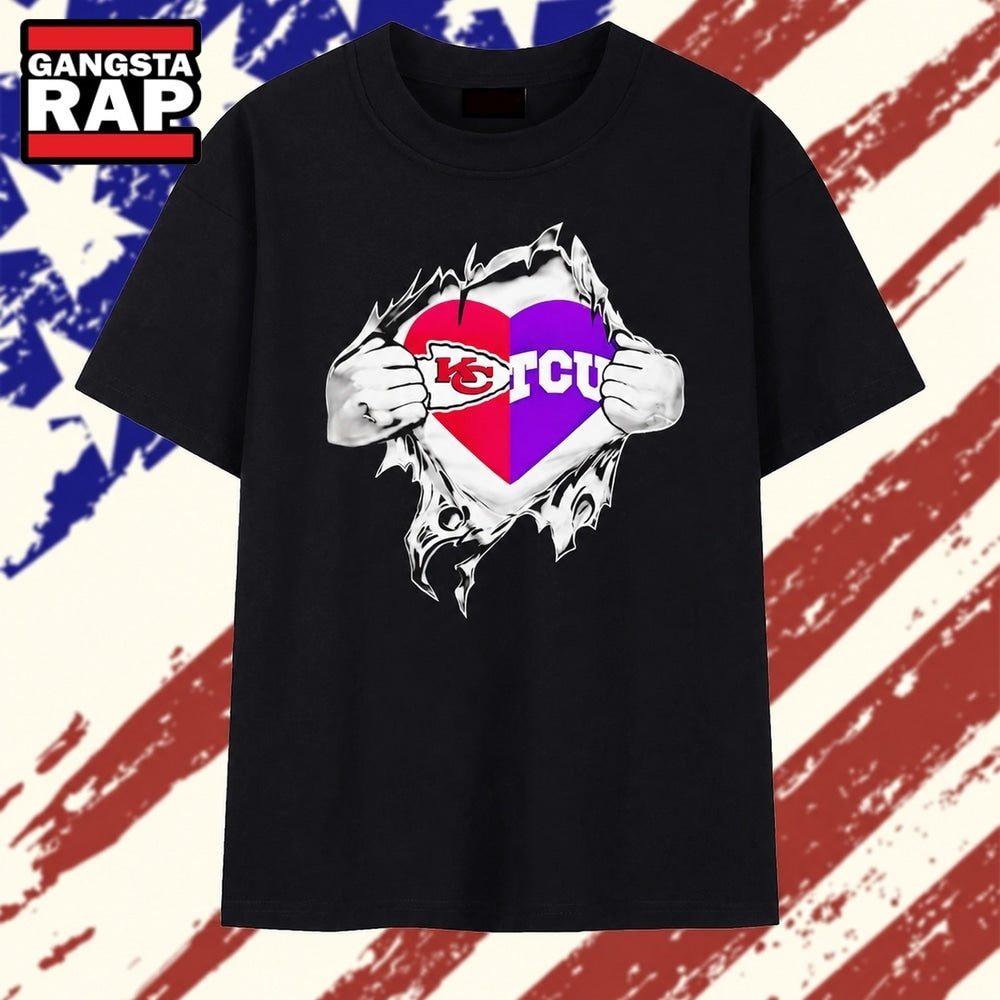 Kansas City Chiefs and TCU Horned Frogs mashup heart with Superman chest rip T Shirt