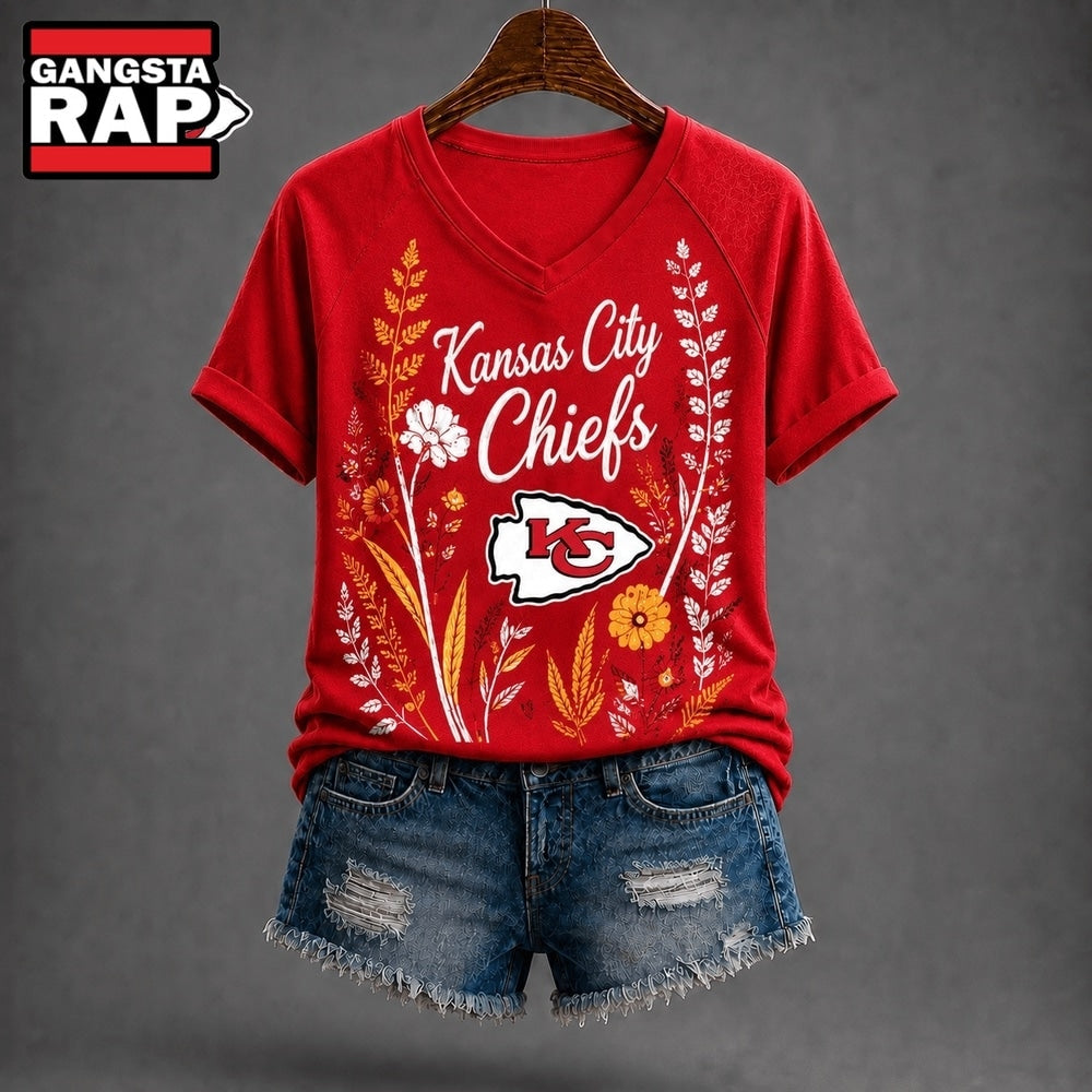 Kansas City Chiefs NFL Floral Garden V Neck T Shirt