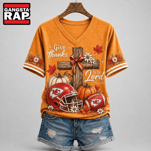 Kansas City Chiefs NFL Thanksgiving Faith And Football V Neck T Shirt