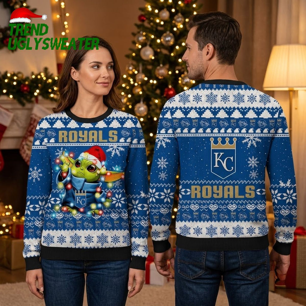 Kansas City Royals Grogu Santa Hat Christmas Lights Ugly Christmas Sweater