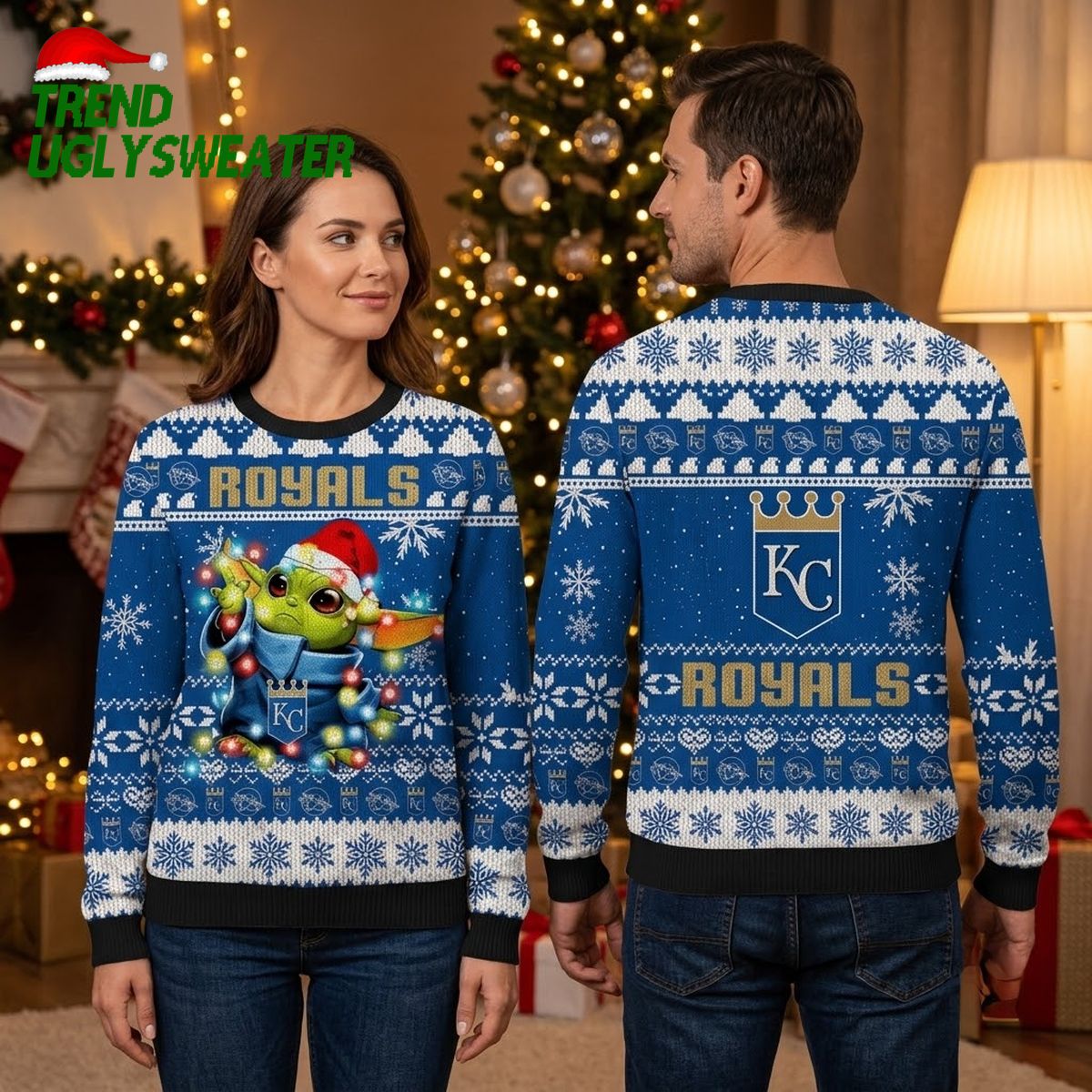 Kansas City Royals Grogu Santa Hat Christmas Lights Ugly Christmas Sweater
