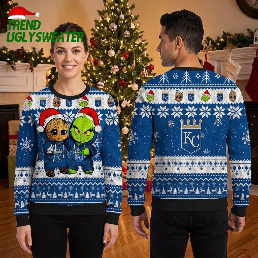 Kansas City Royals Groot And Grinch Santa Hats Ugly Christmas Sweater