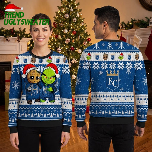 Kansas City Royals Groot And Grinch Santa Hats Ugly Christmas Sweater