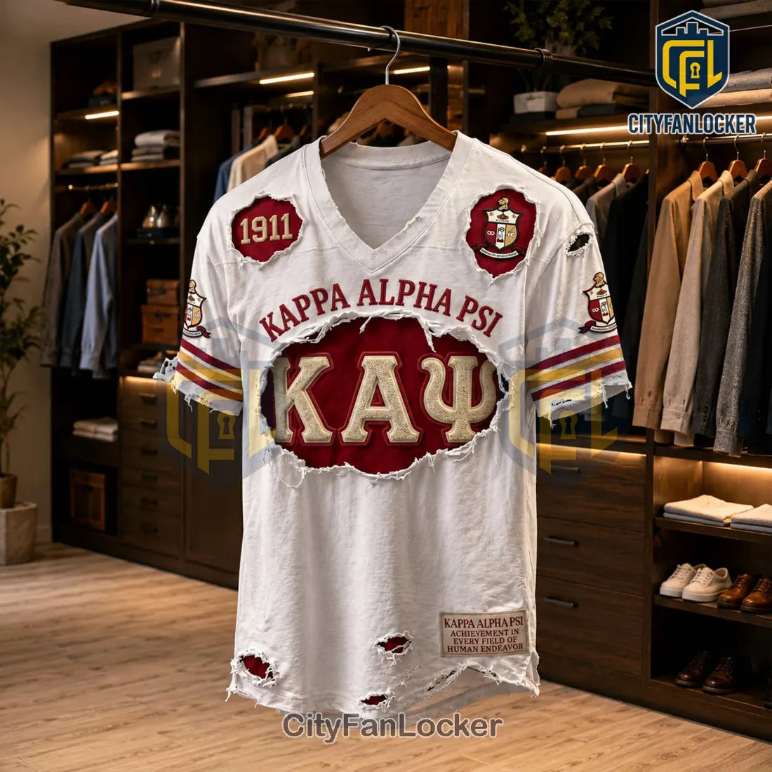 Kappa Alpha Psi 1911 Crimson White Distressed Embroidered Patch Shirt