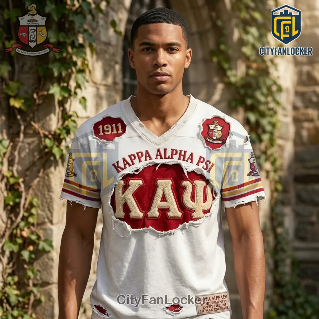 Kappa Alpha Psi 1911 Crimson White Distressed Embroidered Patch Shirt