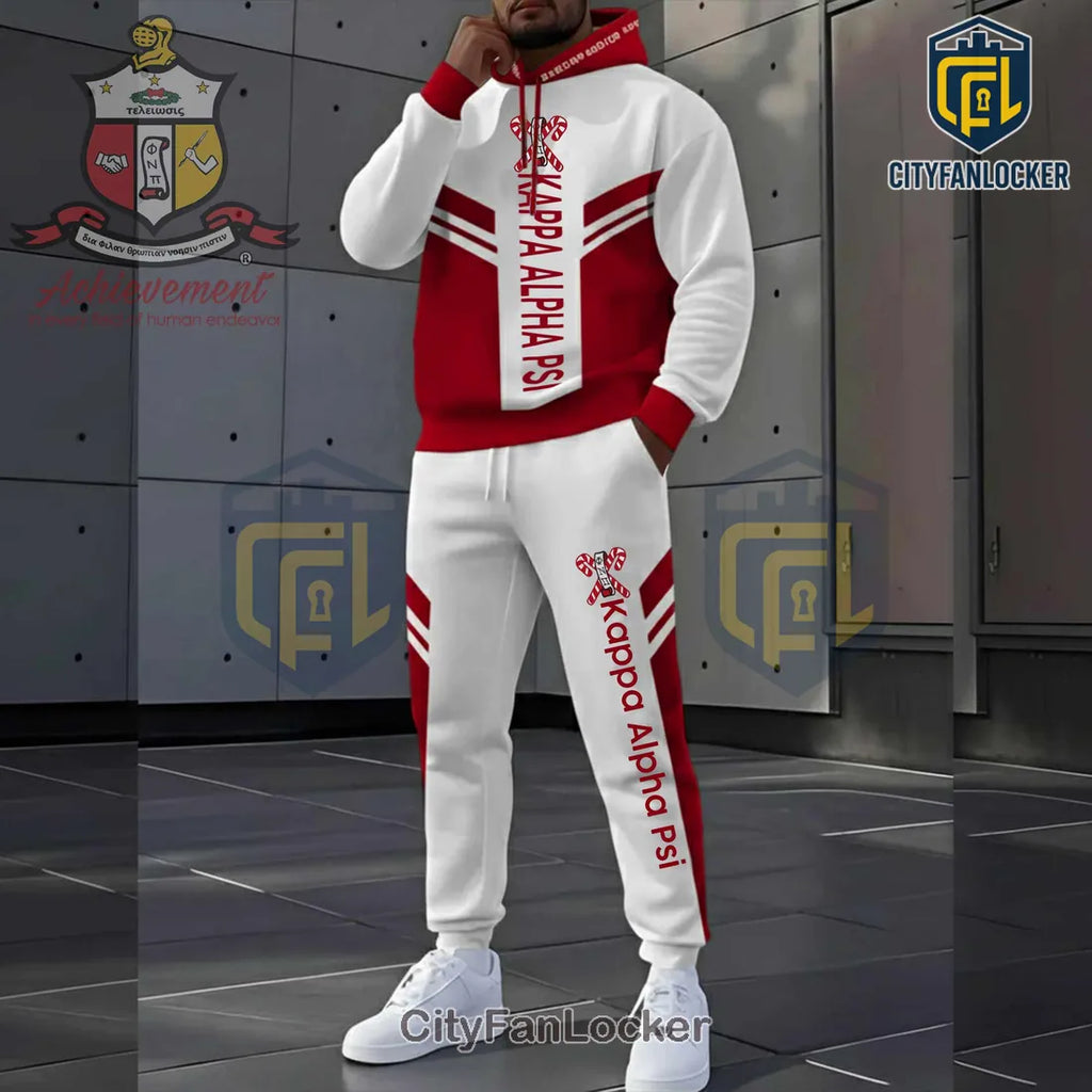 Kappa Alpha Psi Red White Embroidered Logo Pullover Hoodie and Jogger Set