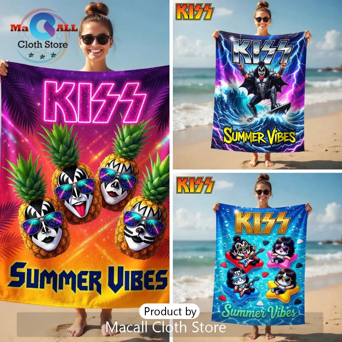 KISS Summer Vibes Rock Band Neon Pineapple Premium Beach Towel