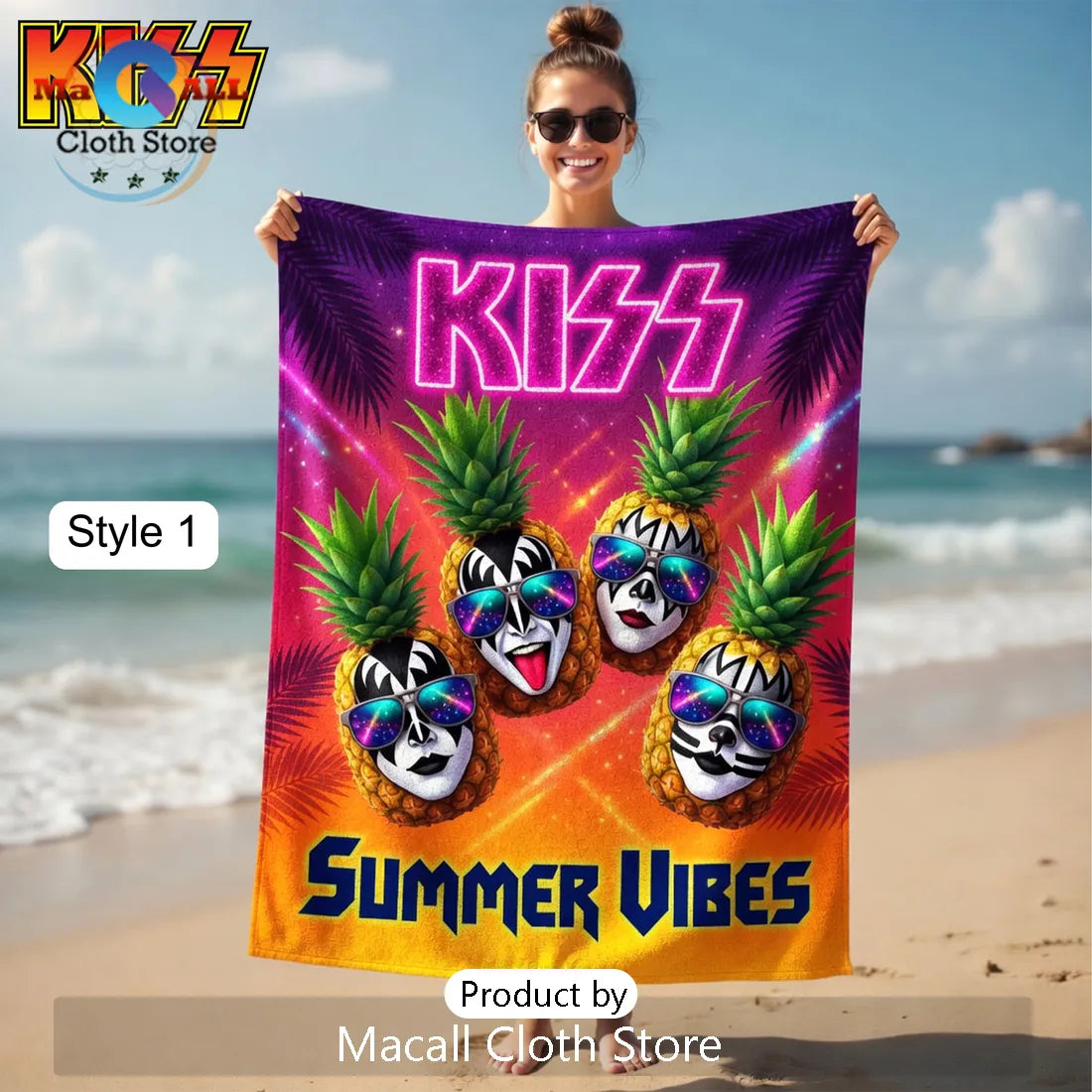 KISS Summer Vibes Rock Band Neon Pineapple Premium Beach Towel