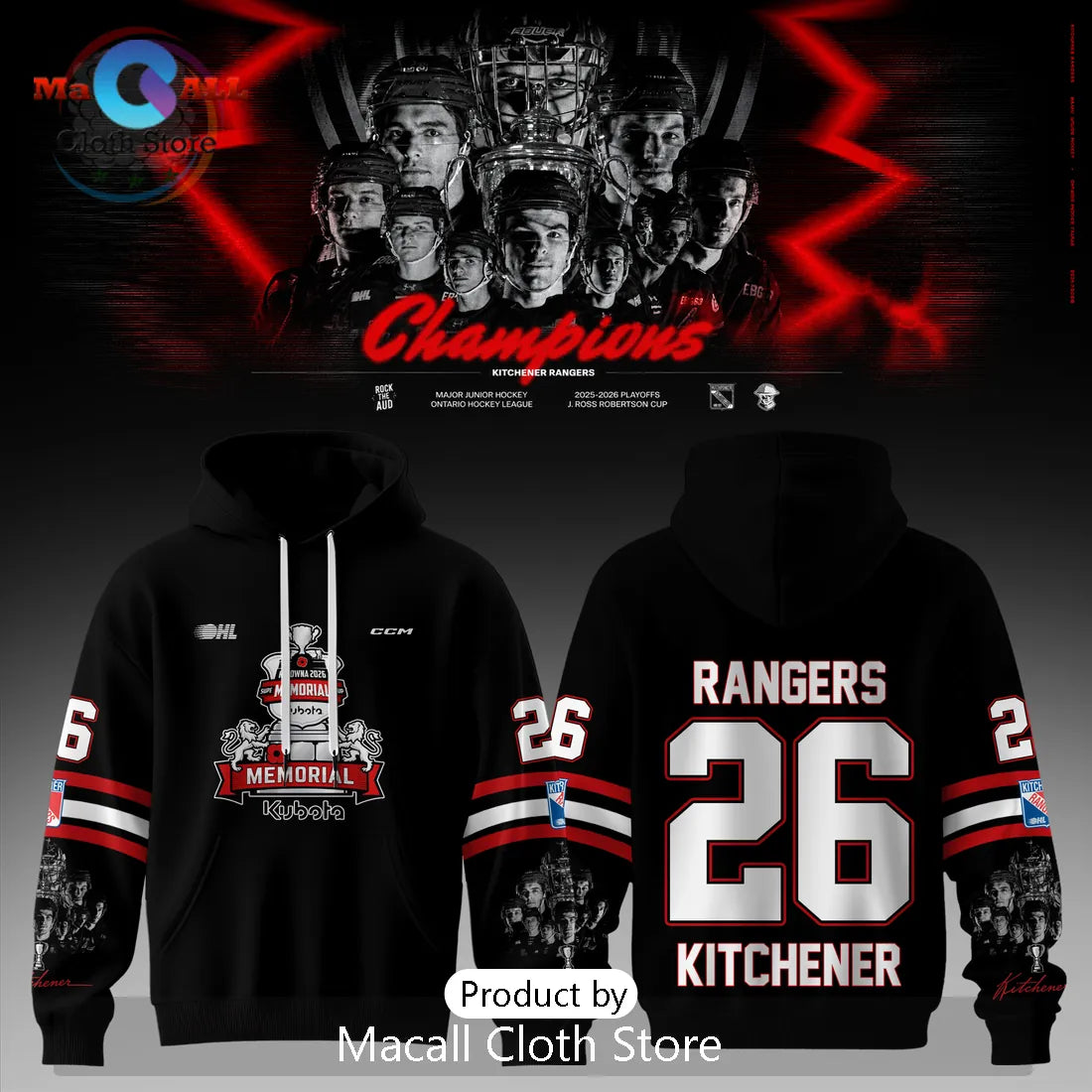 Kitchener Rangers 2026 Memorial Cup Champions Black Hockey Hoodie