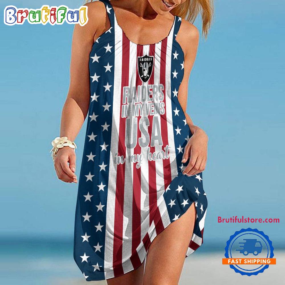 Las Vegas Raiders In My Veins USA In My Heart Independence Day Women’s Summer Beach Sling Dress
