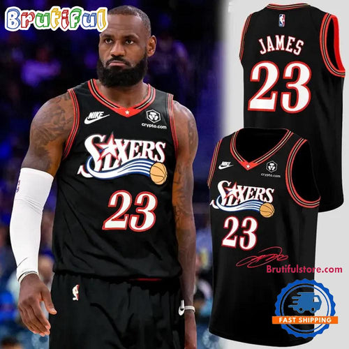 LeBron James Philadelphia 76ers 2026 Signatures Print Black Basketball Jersey