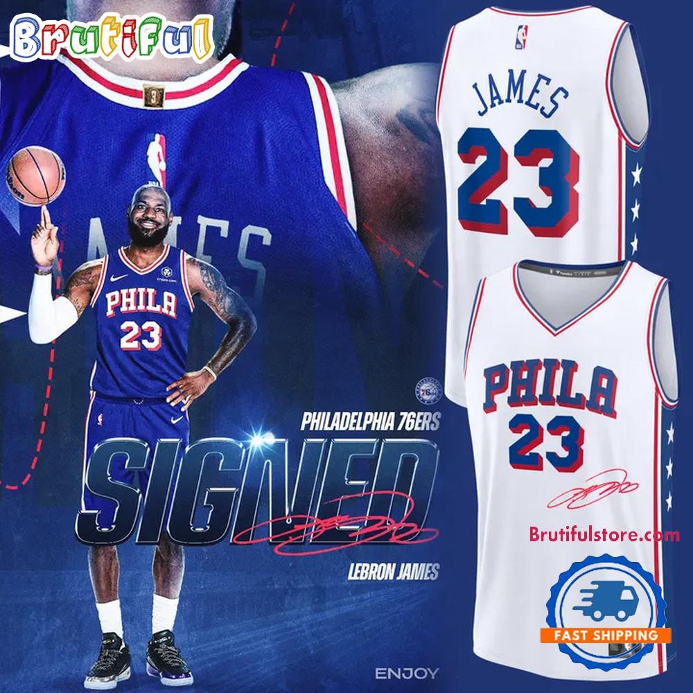 LeBron James Philadelphia 76ers 2026 Signatures Print White Basketball Jersey