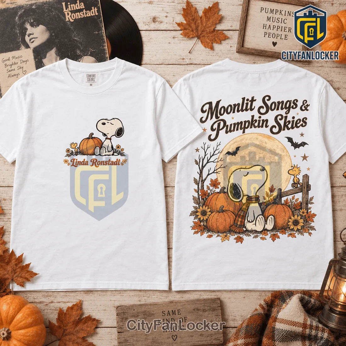 Linda Ronstadt Snoopy Pumpkin Skies Autumn T-Shirt