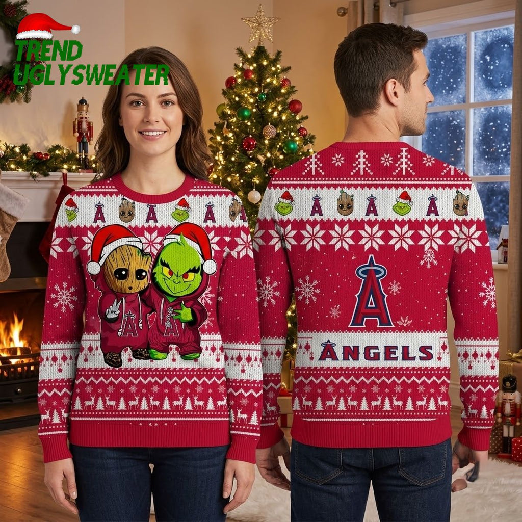 Los Angeles Angels Groot And Grinch Santa Hat Ugly Christmas Sweater