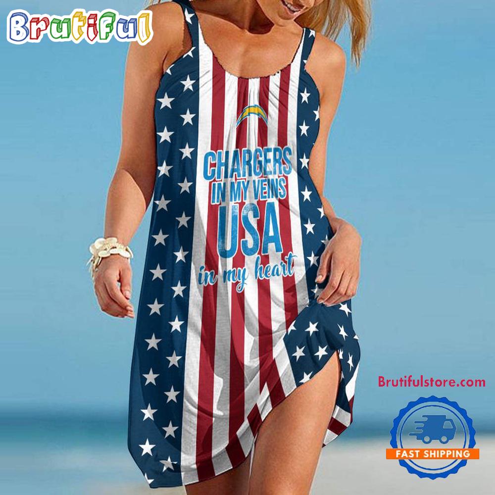 Los Angeles Chargers In My Veins USA In My Heart Independence Day Women’s Summer Beach Sling Dress