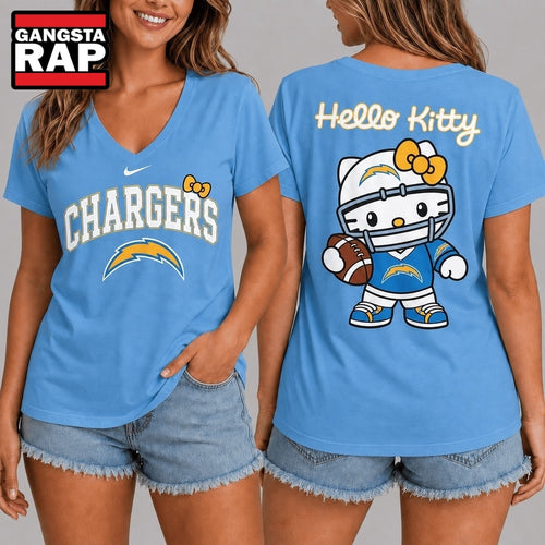 Los Angeles Chargers NFL Hello Kitty Football V Neck T Shirt