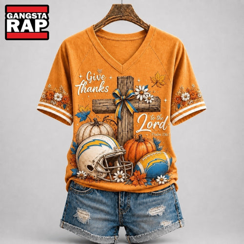 Los Angeles Chargers NFL Thanksgiving Faith And Football V Neck T Shirt