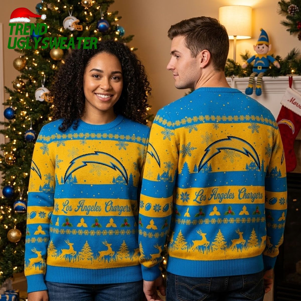 Los Angeles Chargers Reindeer And Tree Ugly Christmas Sweater