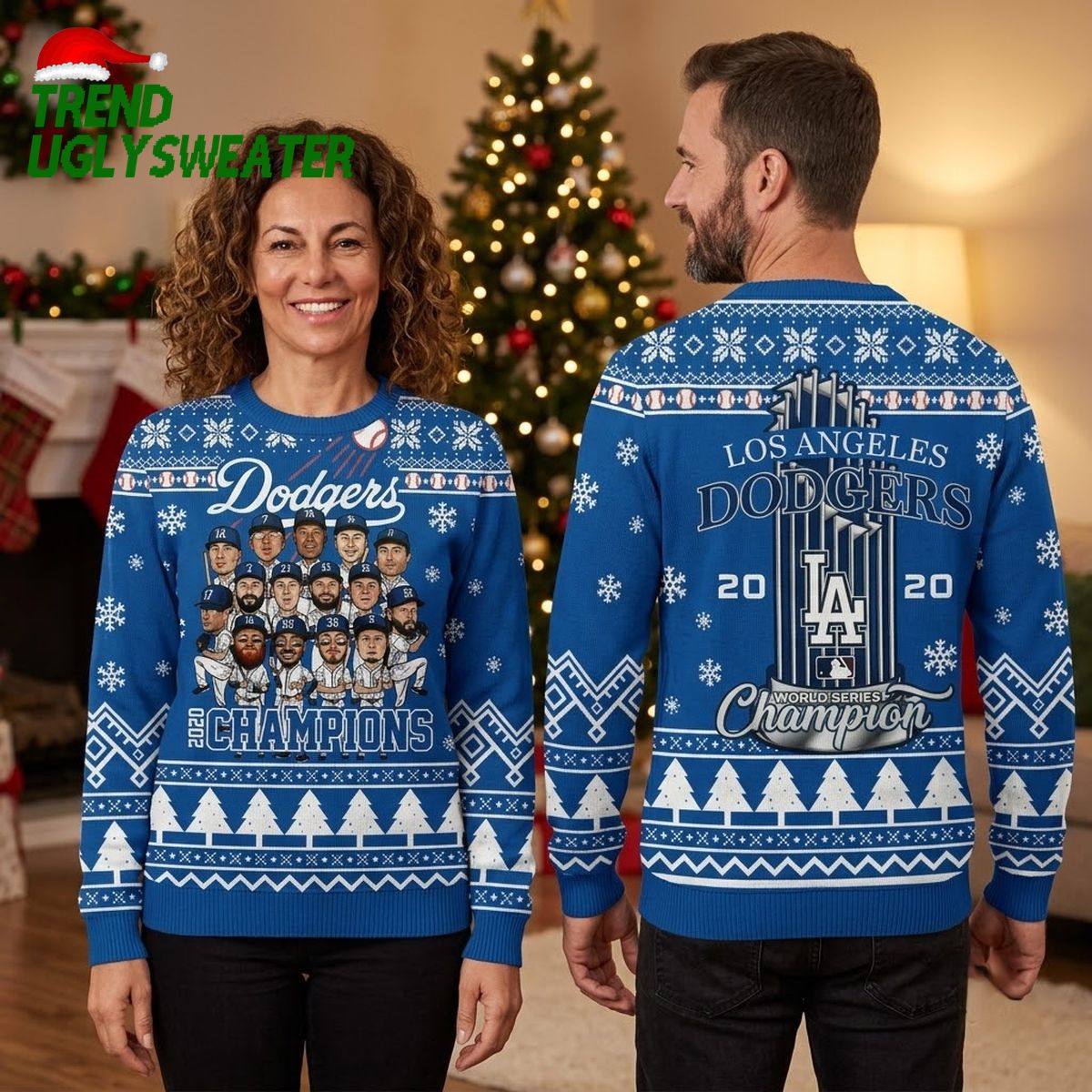 Los Angeles Dodgers 2020 Champions Baseball Player Collage Ugly Christmas Sweater