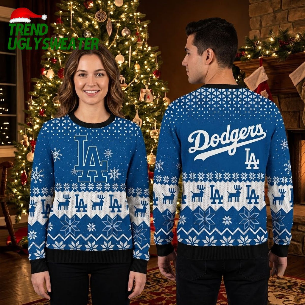 Los Angeles Dodgers Logo Snowflake And Reindeer Pattern Ugly Christmas Sweater