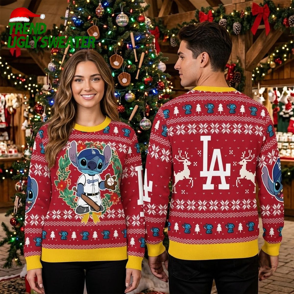 Los Angeles Dodgers Stitch Baseball Player Red Ugly Christmas Sweater