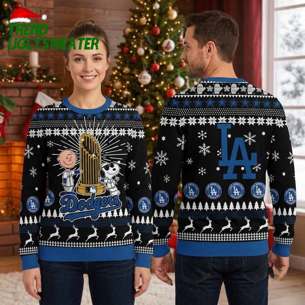 Los Angeles Dodgers World Series Trophy With Charlie Brown And Snoopy Ugly Christmas Sweater