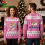 Los Angeles Rams Custom Name Christmas Logo Pink Ugly Christmas Sweater