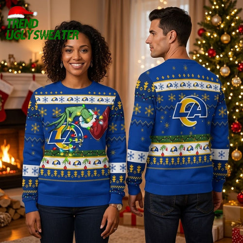 Los Angeles Rams Grinch Hand Holding Logo Christmas Ugly Christmas Sweater